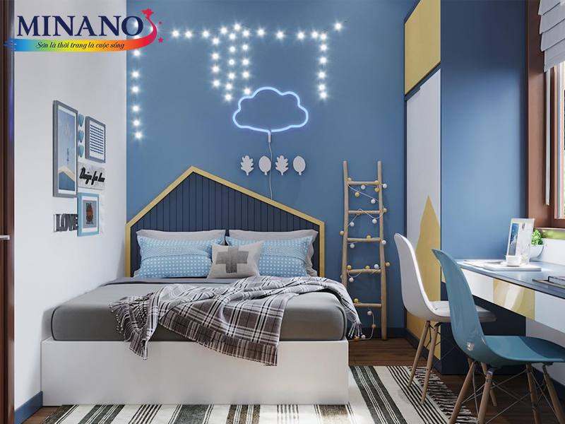 Màu sơn phòng ngủ mệnh mộcvới tone xanh da trời mang đến cảm giác dễ chịu