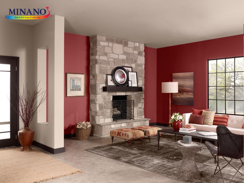 Màu sơn phòng khách cho người mệnh hỏa - Kết hợp màu đỏ với màu trung tính giúp tạo cảm giác nhẹ nhàng