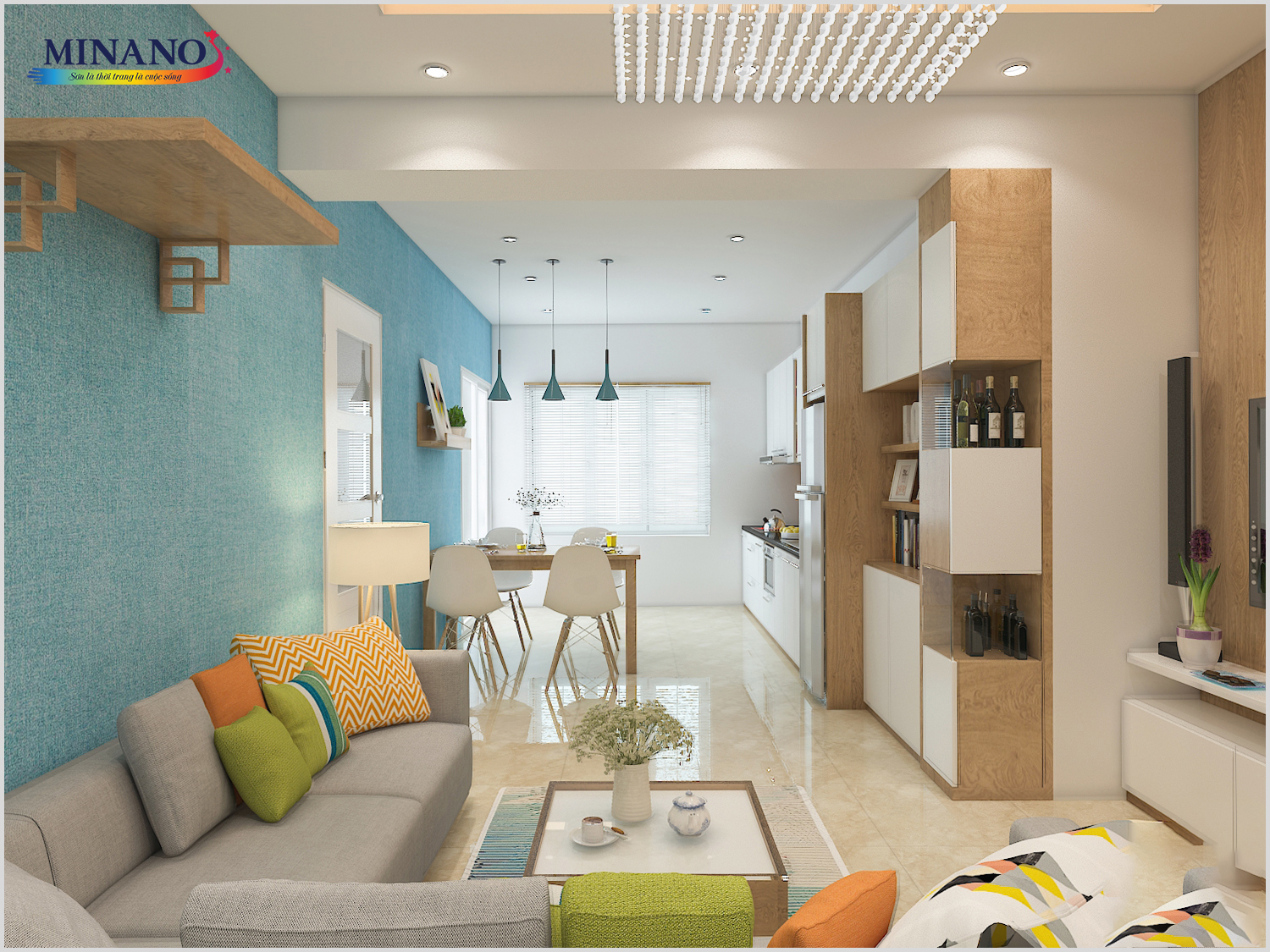 Phòng khách mang đậm chất tự nhiên và thanh lịch với tường xanh và tường trắng. Tone màu xanh dương nhẹ nhàng tạo cảm giác thư thái, trong khi tone màu trắng làm tôn lên vẻ sáng sủa và trang nhã