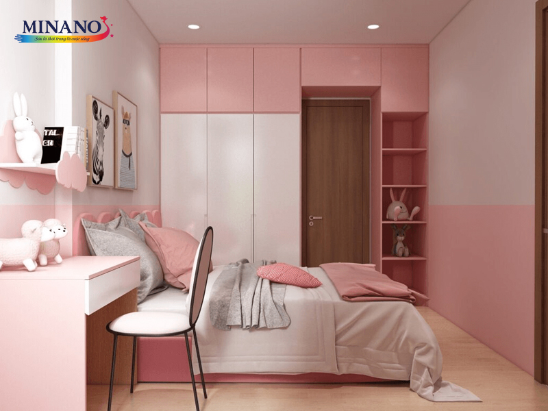 Phòng ngủ màu hồng pastel tạo nên không gian ngọt ngào và ấm áp