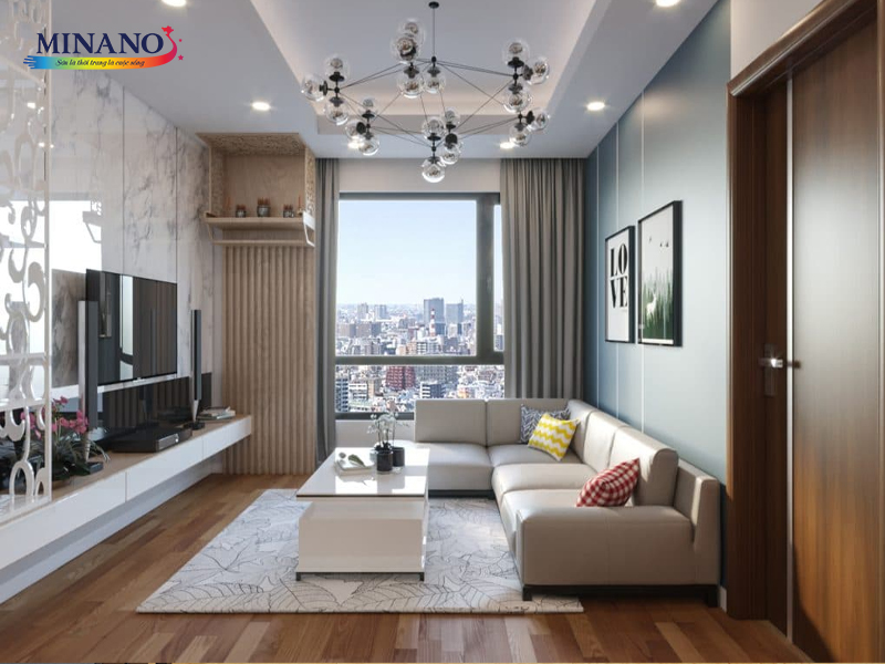 Sự kết hợp giữa màu xanh lam bóng và nội thất mang đến không gian phòng khách tươi mát, là nơi lý tưởng để thư giãn, tiếp khách và tận hưởng những khoảnh khắc sáng rỡ